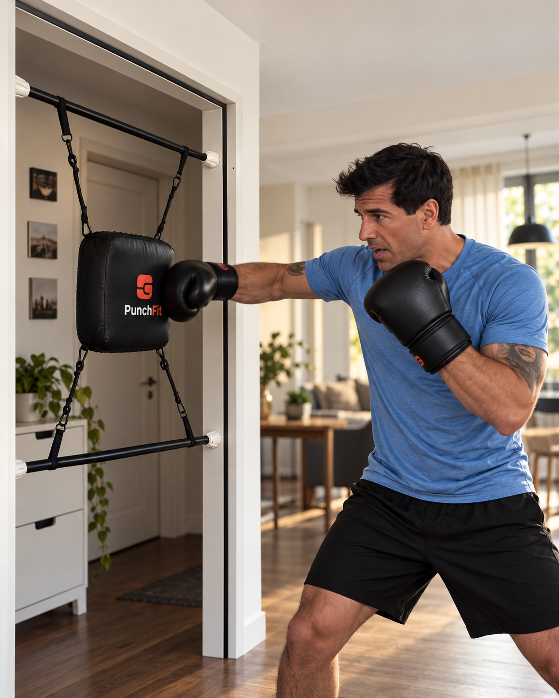 PunchFit Creator aus dem Einwand-Creative trainiert am Boxsystem im Türrahmen